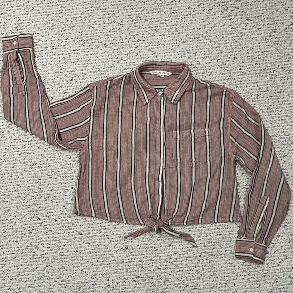 Vanilla Star 100% Cotton Long Sleeve Stripe Cropped Tie Waist Shirt Blouse Top M